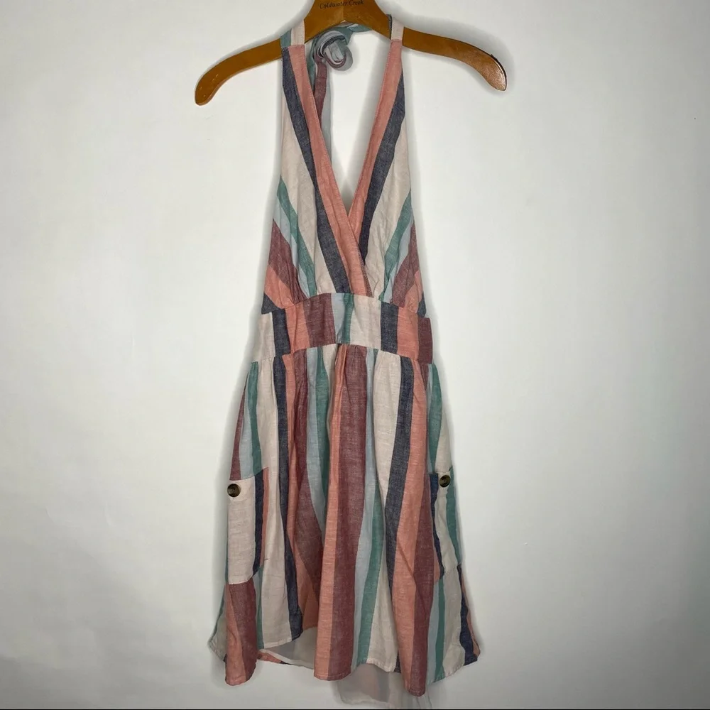 American Eagle | Striped Linen Blend Halter Tie Dress - Picture 2 of 7